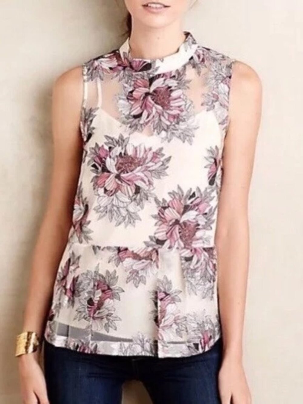 Anthropologie Moulinette Soeurs Sheer Floral Embroidered Peplum Top